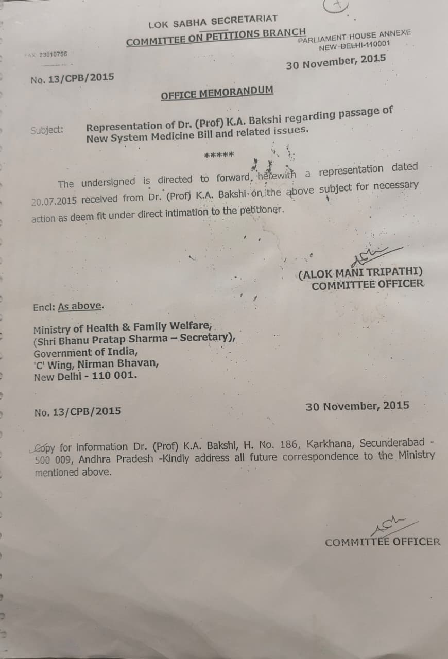 Government Committee on Petitions Document regarding Dr. K.A Bakshi's representation on New System Medicine Bill